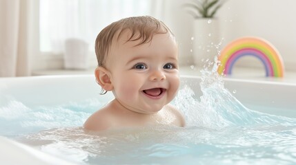 Joyful baby splashing water in bathtub with rainbow decor