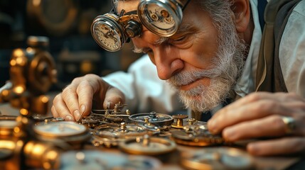 Skilled watchmaker at work with magnifying headpiece in workshop setting