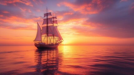 Fototapeta premium Serene sunset voyage: ship sailing toward the horizon