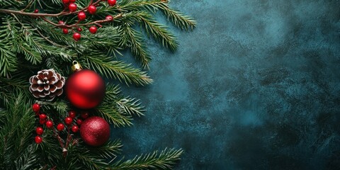 Christmas tree branches with red ornaments and berries on blue background.