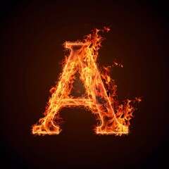 Letter A. Fire flames on black isolated background. Part of alphabet set.