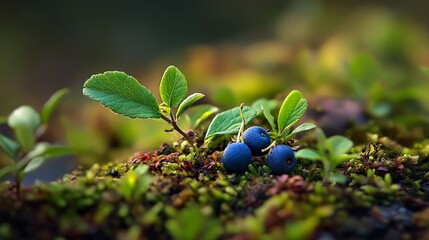 Close-Up of Blueberries on a Mossy Forest Floor