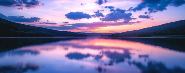 Serene lake at sunset with colorful sky reflection, tranquil nature scene. Relaxation and peacefulness concept