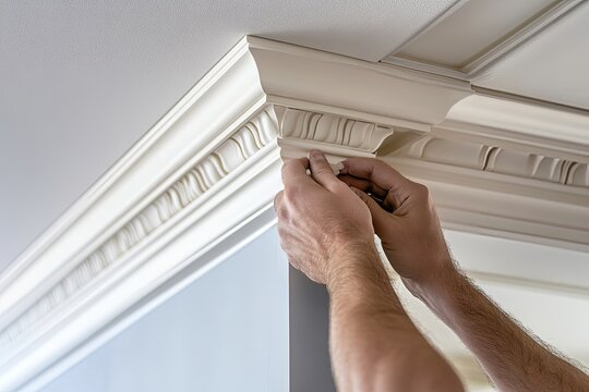 Hands installing decorative molding. This image is perfect for projects about home improvement or interior design.