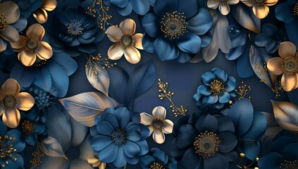 3d floral wallpaper, dark blue and gold flowers background