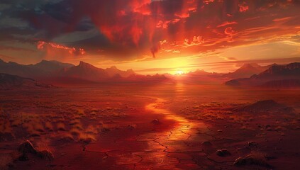 concept art of the desolate red desert with distant mountains, the sky is...