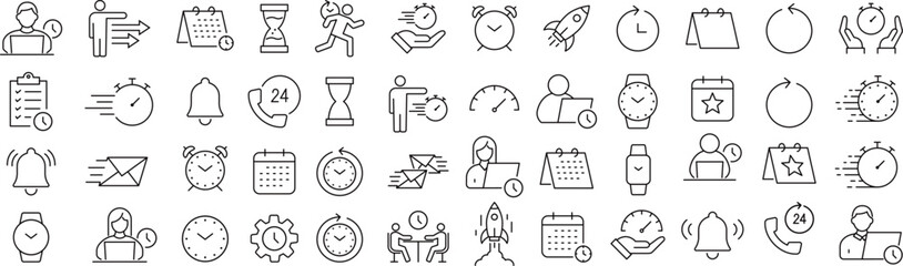 ベクターでモノクロのタイムマネジメントに関する線画アイコンセット