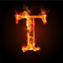 Letter T. Fire flames on black isolated background. Part of alphabet set.