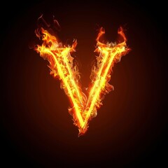Letter V. Fire flames on black isolated background. Part of alphabet set.