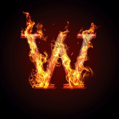 Letter W. Fire flames on black isolated background. Part of alphabet set.