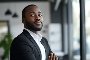 Fototapeta premium Happy African Business Man Looking Away Dreaming Standing in Office, Freelance, Business, Marketing, Finance, Employees