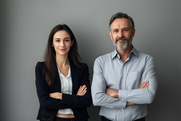 Business Partners Posing in Front of Gray Background, Looking at Camera and Smiling, Freelance, Business, Marketing, Finance, Employees
