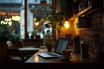A Digital Nomad Working From a Laptop in a Cozy Café, With a Warm Interior, a Cup of Cappuccino on the Table, Freelance, Business, Marketing, Finance, Employees