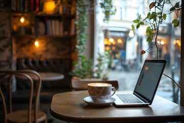 A Digital Nomad Working From a Laptop in a Cozy Café, With a Warm Interior, a Cup of Cappuccino on the Table, Freelance, Business, Marketing, Finance, Employees