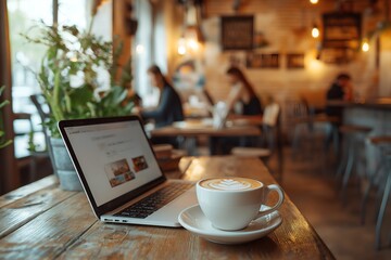 A Digital Nomad Working From a Laptop in a Cozy Café, With a Warm Interior, a Cup of Cappuccino on the Table, Freelance, Business, Marketing, Finance, Employees