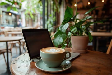 A Digital Nomad Working From a Laptop in a Cozy Café, With a Warm Interior, a Cup of Cappuccino on the Table, Freelance, Business, Marketing, Finance, Employees