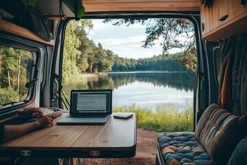 Fototapeta premium A Person Working Remotely From a Camper Van Parked by a Serene Lake, With a Laptop on a Foldable Table and the Outdoors Visible, Freelance, Business, Marketing, Finance, Employees