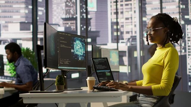 Software engineer conducts code review to fix bugs, identifying technical issues with artificial intelligence company software. African american woman debugging and optimizing code using AI, camera A