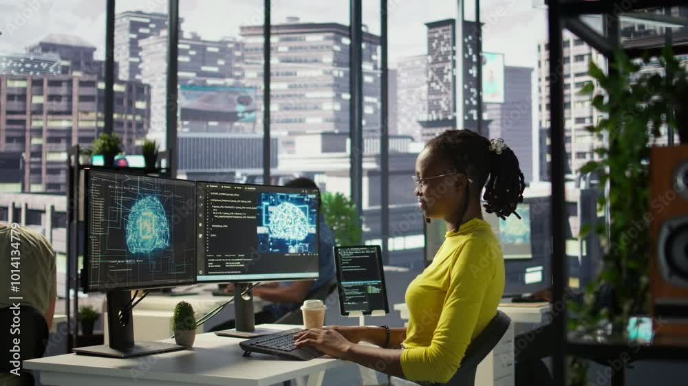 Poster software engineer conducts code review to fix bugs, identifying technical issues with artificial int