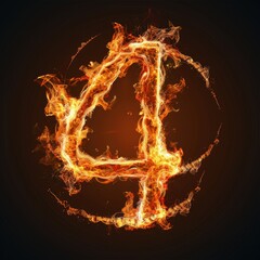 Number 4. Fire flames on black isolated background. Part of number set.