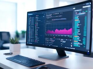 Fototapeta premium Modern computer setup displaying data analytics and financial charts on a curved monitor in a bright office environment.