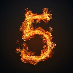 Number 5. Fire flames on black isolated background. Part of number set.