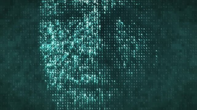 A computer screen with a Hebrew code in the shape of a talking man's head