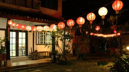 Colorful Lanterns Illuminate a Night Garden Scene