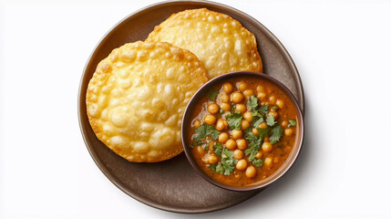 Top view of chole bhature isolated on white background, famous indian food