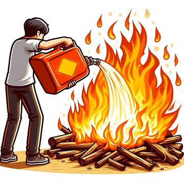 Phrase: 'add fuel to the fire', someone pouring gasoline into a fire (cartoon illustration)