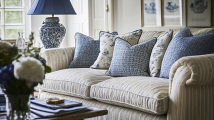Elegant cottage or country house room, interior design and home decor, furniture and soft furnishing fabric and upholstery, English countryside style idea