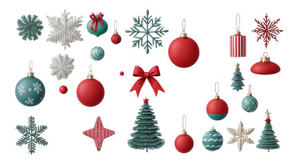 Set of Christmas ornaments with snowflakes and festive decorations isolated on transparent background

