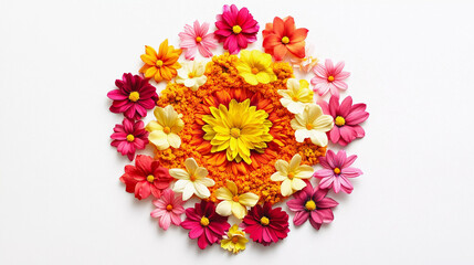 Top view of flower rangoli isolated on white background with clipping path, decorative rangoli 