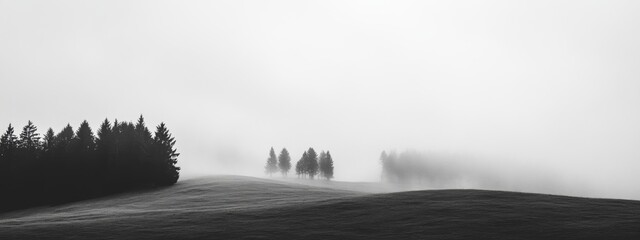 Misty Hills and Subtle Tree Line, serene landscape enveloped in fog, minimalist aesthetic, tranquil atmosphere, soft color palette