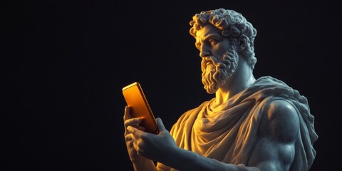 A striking marble statue of a wise philosopher holds a smartphone in a modern twist. This blend of classic art and technology showcases a unique and thought-provoking style. AI