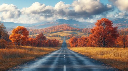 Fototapeta premium Scenic autumn road through colorful foliage and mountains.
