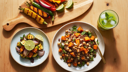 A vibrant lunch scene with a quinoa salad, grilled vegetables, and a green juice, ideal for promoting clean eating and mindful nutrition