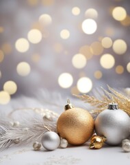 Christmas baubles against twinkling lights background