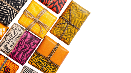 Top view of Kwanzaa gifts wrapped in traditional African patterns isolated on transparent background, festive presents

