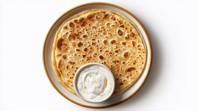 Top view of paratha served with curd in plate