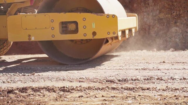 Slow motion video of a road roller are being used in road construction project