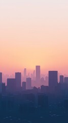 Serene Sunrise Over Simplified City Skyline, gentle hues wash over minimalist architecture, evoking tranquility and new beginnings