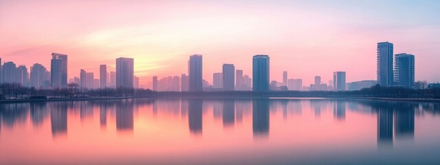 Obraz premium Serene Sunrise Over Minimalist City Skyline, Soft Pastel Hues, Tranquil Atmosphere, Urban Simplicity, Early Morning Calm
