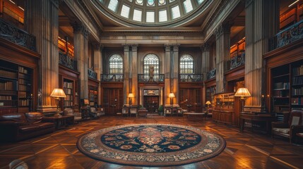 Obraz premium A grand and opulent old library with an ornate circular rug on the wooden floor, high arched windows, and elegant lighting providing a serene reading environment