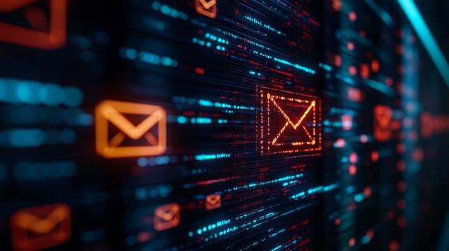 Complex machine transforming emails into customer patterns, analytics displayed on multiple screens, side view, focusing on predictive customer behavior, advanced tone, tetradic color scheme