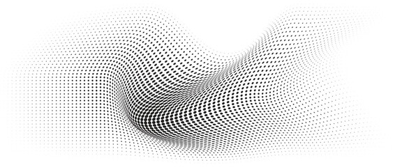 Flowing Wave Dot Halftone Pattern: Curve Gradient Shape on Transparent Background. Suitable for AI, Tech, Network, Digital, Science, and Technology Themes.