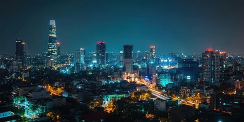 Fototapeta premium A panoramic view of a city skyline at night with brightly lit skyscrapers and street lights.