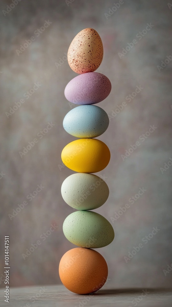 Poster stack of colorful eggs in vertical alignment, pastel tones. easter decoration and balance concept
