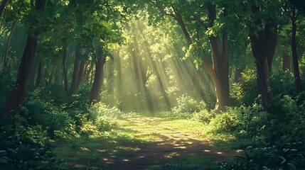 Obraz premium Sunbeams illuminate a path through a lush, green forest.