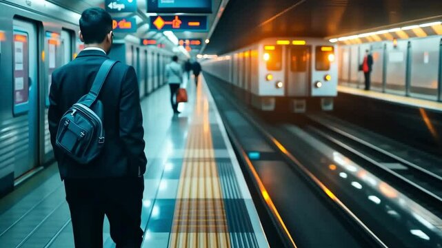 Morning commuter waits for the subway at a busy station in the city